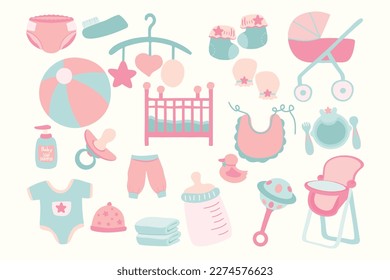 Set von Babyschuhen und handgezeichneter Ausrüstung Illustration