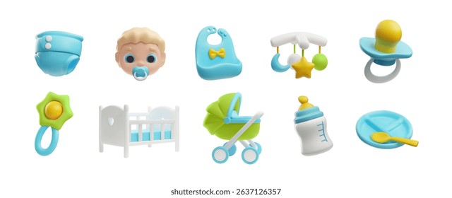 Set of baby things 3D icons collection. Cartoon cute infant face, buggy, bed, diaper, rattle and carousel toys, feeding utensil. Vector render illustration of newborn care stuff isolated on white