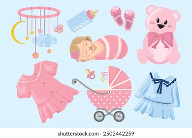 Conjunto de cosas de bebé en estilo de dibujos animados. Ilustración vectorial: colgante de módulo de música, botella, niña durmiente, oso de peluche, zapatos, vestido rosa y azul, chupete, cochecito aislado sobre fondo azul claro.