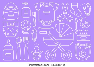 Set of Baby things. isolated on purple background