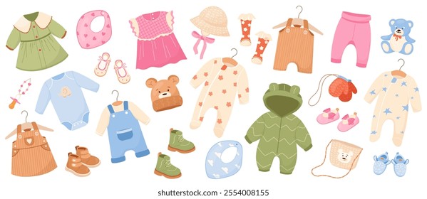 Set of baby and toddler clothes and accesories clipart. Simple cozy kids wear bodysuit, jumpsuit, romper, dress and playful shoes, hats. Infant apparel fashion flat vector illustration