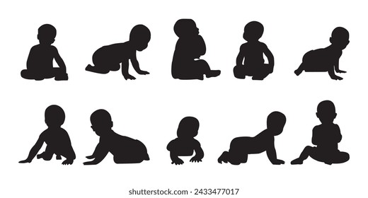 Conjunto de ilustración de silueta de bebé y niño pequeño en varias poses