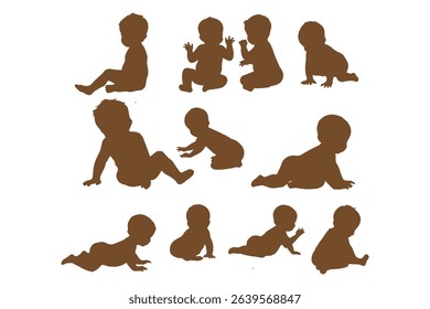 Set of baby and toddler silhouette isolated on white background. Sitting, crawling and standing. Vector illustration