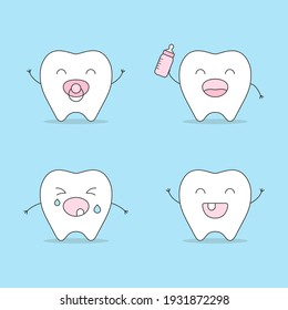 Set Baby Tooth Cute Cartoon Character Emotion Happy Cry  Pain Shout Symbol First Teeth Flat Vector Illustration.