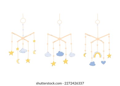 Set Baby toy mobile. Vector illustration.Collection toy in flat style. Hand drawn hanging children toy.