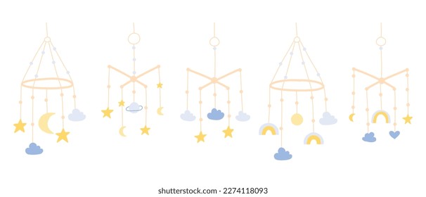 Set Baby toy mobile. Vector illustration.Collection toy in flat style. Hand drawn hanging children toy.