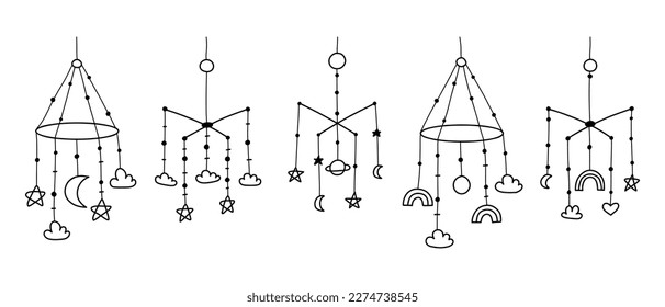 Ponga el juguete Baby en el móvil. Ilustración vectorial.Estilo Doodle de colección. juguete lineal colgando niños.
