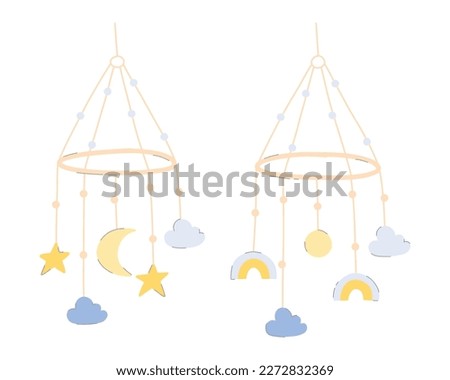 Set Baby toy mobile. Vector illustration.Collection toy in flat style. Hand drawn hanging children toy.