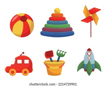 Set of Baby Toys, Ball, Pyramid, Wind Mill, Car, Sand Bucket with Scoop and Rake, Rocket Isolated on White Background. Cute Funny Playthings for Children Games. Cartoon Vector Illustration, Icons