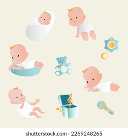 Set of baby and toys illustration with isolated background. Kids and stuffs.