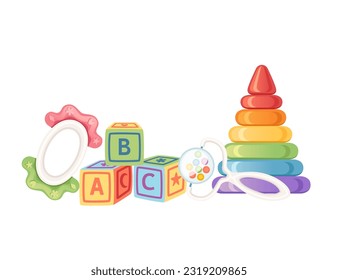 Set von Babyspielzeug-Pyramiden-Teppich-Armband und Abc-Blöcke, Vektorgrafik einzeln auf weißem Hintergrund