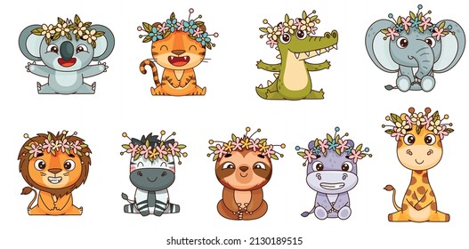 Set baby tropical animals sits with wreaths of flowers on their heads. Hippo, lion, elephant, giraffe, crocodile, zebra, sloth, tiger, koala. Vector illustration for designs, prints, patterns