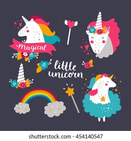 Set of baby unicorn and rainbow. Kids illustrations for design prints, cards and birthday invitations. Vector collection with cute unicorn, rainbow, flowers and hand drawn lettering