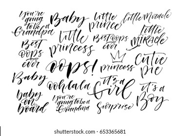 Set of baby's phrases. It's a girl, little miracle, baby on board and other. Ink illustration. Modern brush calligraphy. Isolated on white background. 