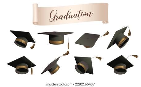 A set of bachelor hats from different angles, perfect for graduation season