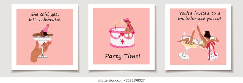 A set of bachelorette party invitation greeting cards featuring fun and stylish party vibes. Designed for a festive celebration with modern and glamorous themes