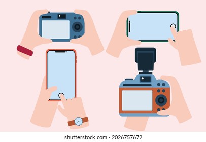 set back of digital camara and smarphone use for take a picture, flat vector design illustration