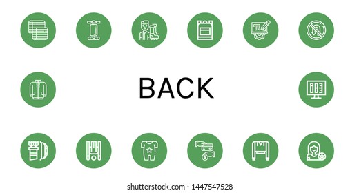 Set of back icons such as Mattress, Abdominal bench, Football player, School bag, Mathematics, No turn, Arrow, Inversion therapy, Body, Cash back, Sweatshirt, Long sleeve , back