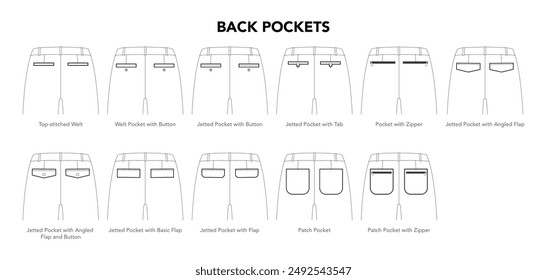 Set of Back Pockets on pants - Button Welt, Jetted Zipper, Angled Flap Patch with Tab styles technical fashion illustration. Flat apparel template. Women, men unisex CAD mockup isolated