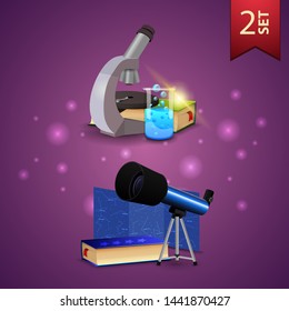 Set of back to school 3D icons, microscope, books, chemical flask, telescope, map of the constellations and the encyclopedia of astronomy