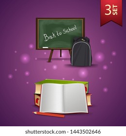 Set of back to school 3D icons, school Board, school backpack, school textbooks and notebook