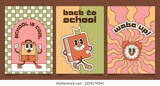 Set of Back to School a4 Banners in Groovy vintage Style. Collection of posters with backpack, book and alarm clock cartoon characters. Contour flat Vector illustration.