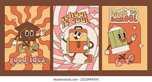 Set of Back to School A4 posters template in 70s-80s Groove Style with retro cartoon stationery characters. First Day of School Party Cards. Vector retro illustration with inspirational text.