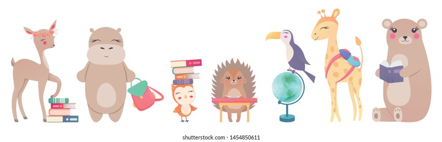 Set back to school Animals hand drawn style, education theme. Cute characters. Bear, giraffe, Toucan, hedgehog, owl, deer, hippo. Vector illustration