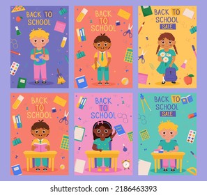 Set Of Back To School Banner Design With Colorful Funny School Character, Education Items. Colorful Back To School Templates For Invitation, Poster, Banner, Promotion,sale Etc.