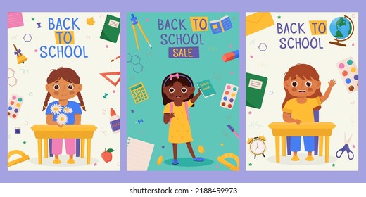 Set of Back to school banner design with colorful funny school character, education items. Colorful back to school templates for invitation, poster, banner, promotion,sale etc.