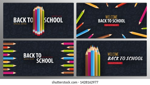 Set of Back to School banners with colour pencils and hand drawn doodle backgrounds. Vector illustration