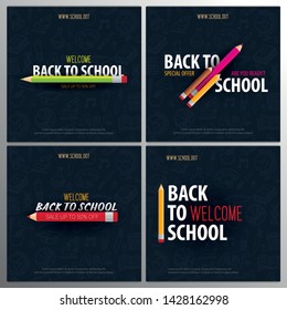Set of Back to School banners with colour pencils and hand drawn doodle backgrounds. Vector illustration