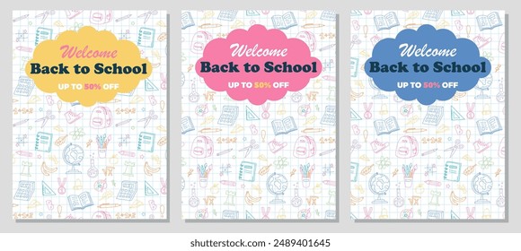 Set of Back to School banners. Posters or covers set in trendy doodle style, checkered background. Hand drawn school supplies, stationery. Vector template for social media, banner, flyer, post 