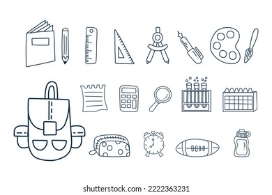 Set of Back to School in black line icons isolated on white background. Vector of the many icons on the topic of education equipment and school.