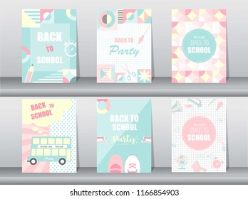 Set of Back to school card on retro pattern,school,bus,Memphis,geometric,Vector illustrations