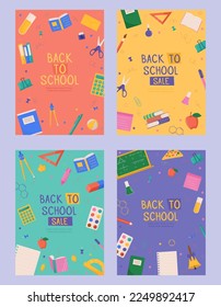 Set of back to school cardd with colorful school supplies. Colorful back to school templates for invitation, poster, banner, promotion, sale. School supplies cartoon illustration.