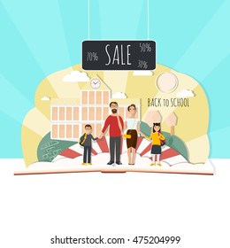 Set of back to school cards design - stock vector. School building, school bus, family, sun, trees, sale
