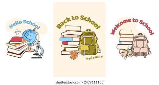 conjunto de tarjetas de regreso a la escuela, con libros dibujados y mochila	