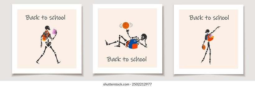 Set of Back to school cards with Funny Skeleton ready for school with school stationery. Greeting cards.