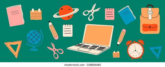 Set Back to school collection of supplies with handwritten calligraphy for children. May be online. Hand drawn vector illustration isolated on background. Modern flat cartoon style. 