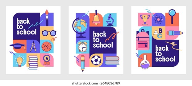 Set of Back to school colorful banner with school object, supplies and stationery. Vector illustration.
