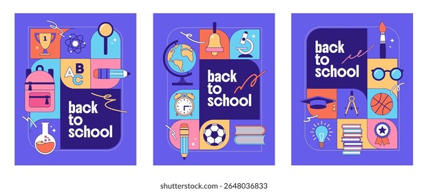 Set of Back to school colorful banner with school object, supplies and stationery. Vector illustration.
