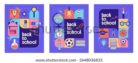 Set of Back to school colorful banner with school object, supplies and stationery. Vector illustration.