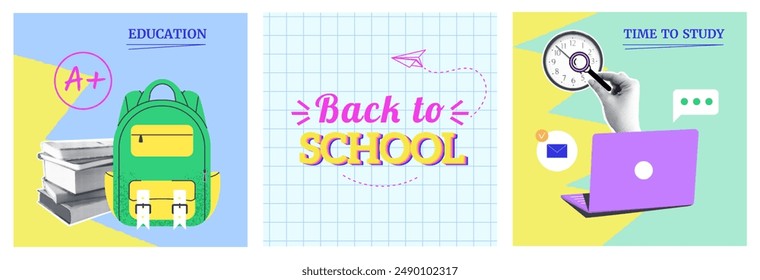 Set of back to school concept halftone collage card. Backpack, stack book, hand, laptop. Education, study, learning, square banners. Trendy vintage magazine mixed media style. Vector illustration