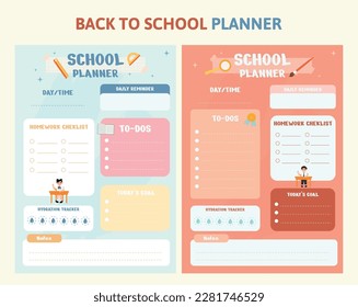 Un juego de afiches de planificadores diarios o semanales en la escuela. Plantilla de planificador para niños, texto editable. Diseño de vectores, listo para impresión digital.