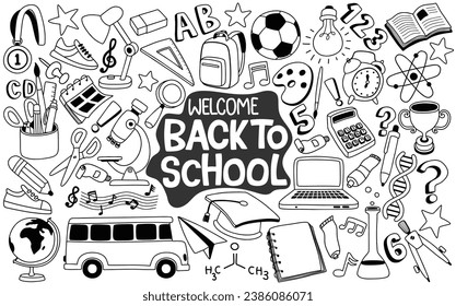Set of back to school doodle elements isolated on white background.