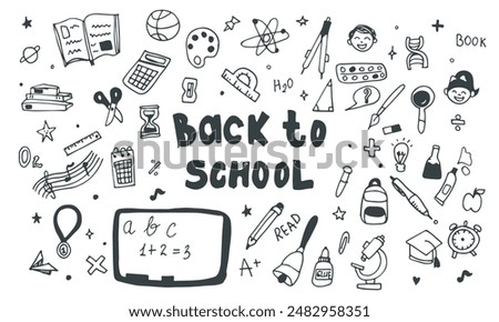 Set of back to school doodle elements isolated on white background.