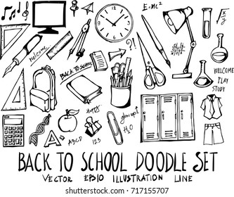 Set of Back to School doodle illustration Hand drawn Sketch line vector