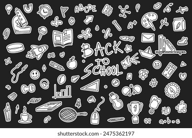 Set of back to school doodle stickers on dark background. Vector graphics with elements of students' accessories. Linear hand drawn illustration
