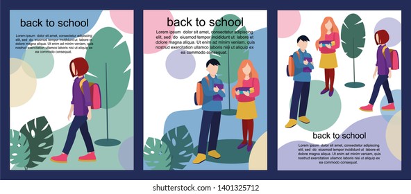Set back to school, education concept, background with text place. Can use for web banner, card, poster design. Flat vector illustration with pupils, school kids, students.